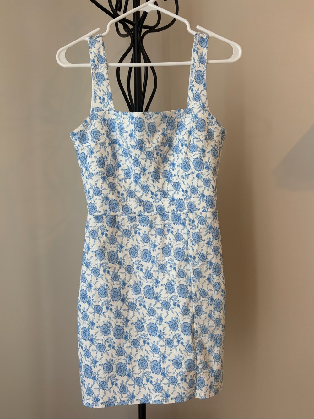 Trixxi White and Light Blue Floral Square-Neck Mini Dress